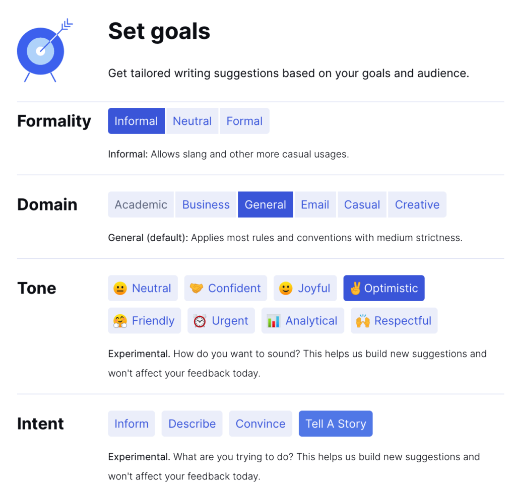 Grammarly content goal setting tool