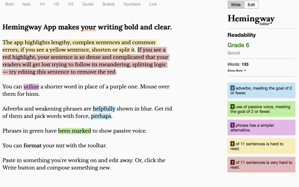 Hemingway editor writing tool