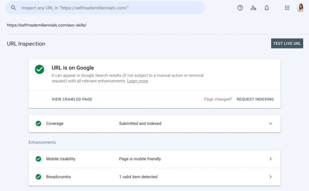 Google Search Console URL inspection