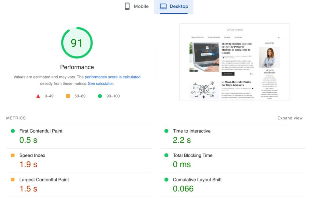 google page speed insights for desktop