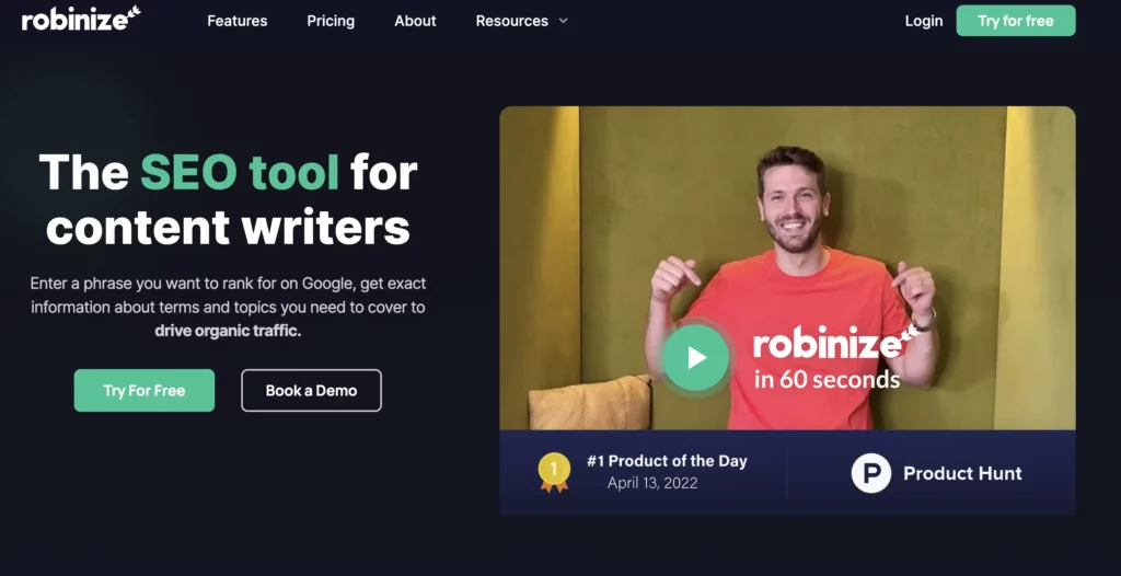 Robinize content writing tool for SEO