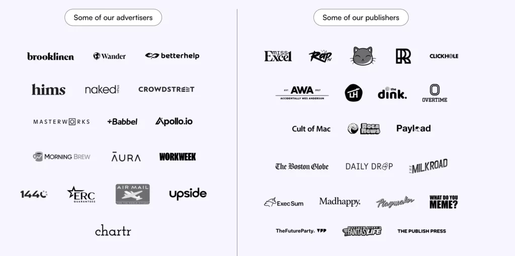 Some of Beehiiv’s advertisers and publishers. 